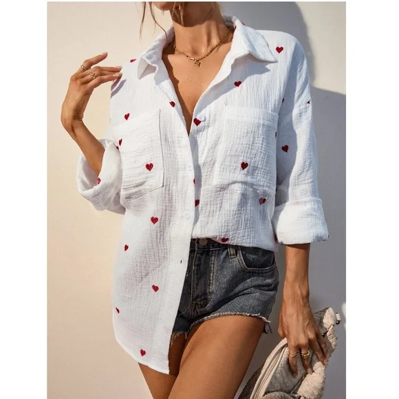 Cotton White Casual Shirt Embroidered Red Hearts Button Down Up Long Sleeve - Picture 6 of 16